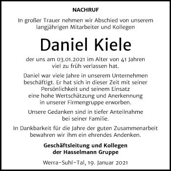Traueranzeige von Daniel Kiele von Mitteldeutsche Zeitung Sangerhausen
