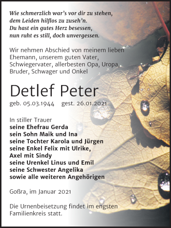 Traueranzeige von Detlef Peter von Mitteldeutsche Zeitung Zeitz