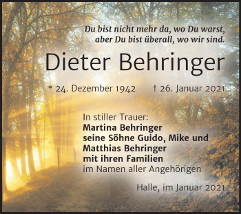 Traueranzeige von Dieter Behringer von Mitteldeutsche Zeitung Halle/Saalkreis