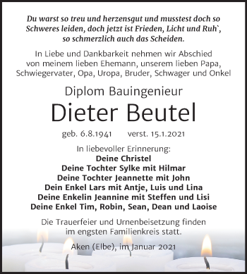 Traueranzeige von Dieter Beutel von Mitteldeutsche Zeitung Köthen