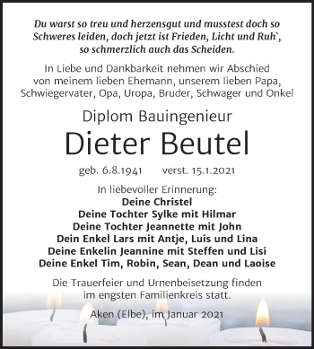 Traueranzeige von Dieter Beutel von Super Sonntag Köthen