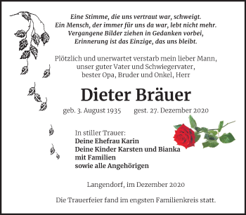 Traueranzeige von Dieter Bräuer von Super Sonntag Weißenfels