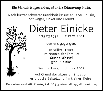 Traueranzeige von Dieter Einicke von Super Sonntag Mansfelder Land