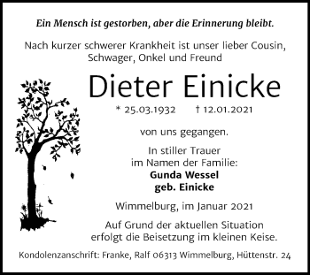 Traueranzeige von Dieter Einicke von Mitteldeutsche Zeitung Mansfelder Land