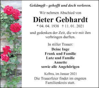 Traueranzeige von Dieter Gebhardt von Mitteldeutsche Zeitung Sangerhausen