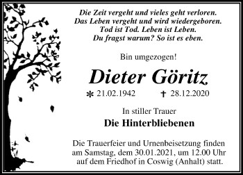 Traueranzeige von Dieter Göritz von Super Sonntag Wittenberg
