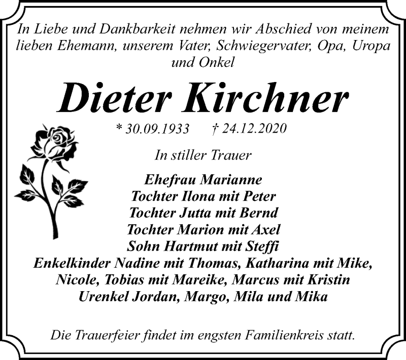  Traueranzeige für Dieter Kirchner vom 09.01.2021 aus Mitteldeutsche Zeitung Dessau-Roßlau