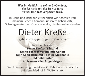 Traueranzeige von Dieter Kreße von Mitteldeutsche Zeitung Bitterfeld