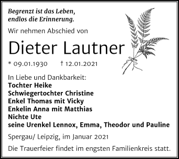 Traueranzeige von Dieter Lautner von Mitteldeutsche Zeitung Weißenfels