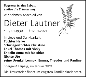 Traueranzeige von Dieter Lautner von Mitteldeutsche Zeitung Merseburg/Querfurt