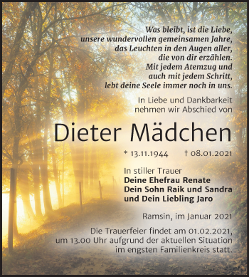 Traueranzeige von Dieter Mädchen von Mitteldeutsche Zeitung Bitterfeld