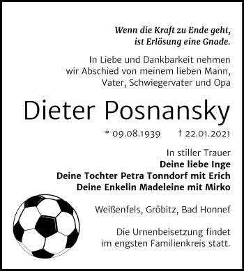 Traueranzeige von Dieter Posnansky von Mitteldeutsche Zeitung Weißenfels