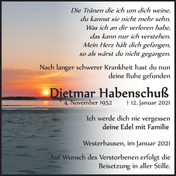 Traueranzeige von Dietmar Habenschuß von Mitteldeutsche Zeitung Quedlinburg