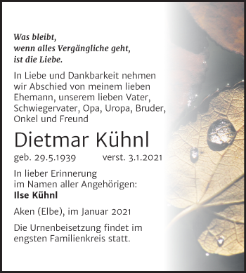 Traueranzeige von Dietmar Kühnl von Mitteldeutsche Zeitung Köthen