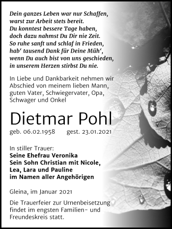 Traueranzeige von Dietmar Pohl von Super Sonntag Naumburg/Nebra