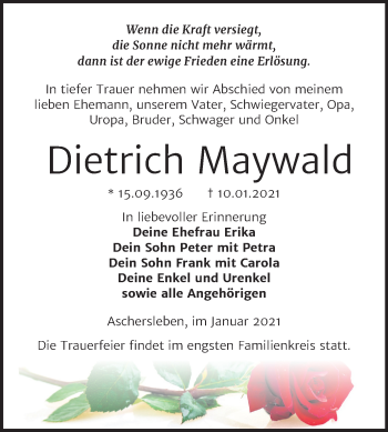 Traueranzeige von Dietrich Maywald von Mitteldeutsche Zeitung Aschersleben