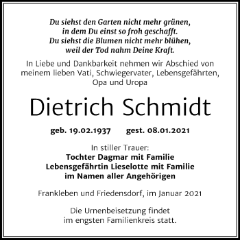Traueranzeige von Dietrich Schmidt von Mitteldeutsche Zeitung Merseburg/Querfurt