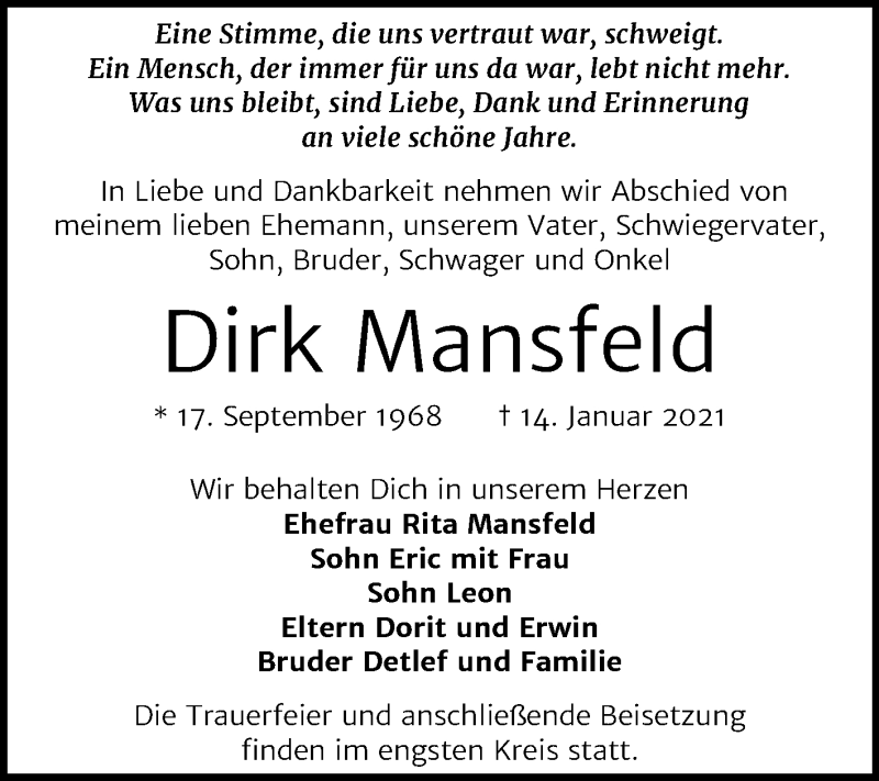  Traueranzeige für Dirk Mansfeld vom 23.01.2021 aus Super Sonntag Dessau-Roßlau