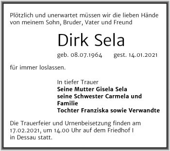 Traueranzeige von Dirk Sela von Super Sonntag Dessau-Roßlau