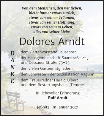 Traueranzeige von Dolores Arndt von Mitteldeutsche Zeitung Bitterfeld
