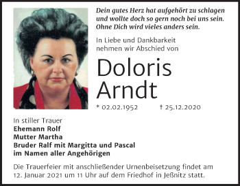Traueranzeige von Doloris Arndt von Mitteldeutsche Zeitung Bitterfeld