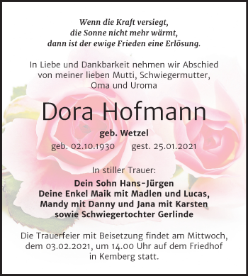 Traueranzeige von Dora Hofmann von Mitteldeutsche Zeitung Wittenberg