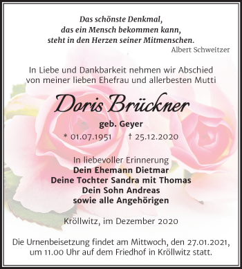 Traueranzeige von Doris Brückner von Super Sonntag Merseburg/Querfurt