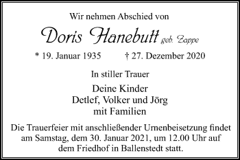 Traueranzeige von Doris Hanebutt von Super Sonntag Quedlinburg