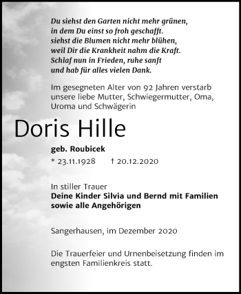 Traueranzeige von Doris Hille von Super Sonntag Sangerhausen