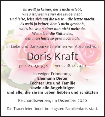 Traueranzeige von Doris Kraft von Mitteldeutsche Zeitung Weißenfels