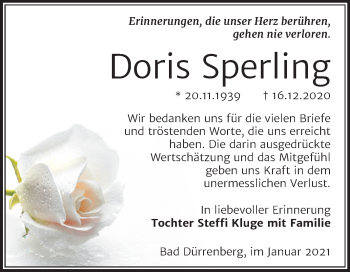 Traueranzeige von Doris Sperling von Mitteldeutsche Zeitung Merseburg/Querfurt