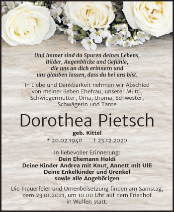 Traueranzeige von Dorothea Pietsch von Super Sonntag Köthen