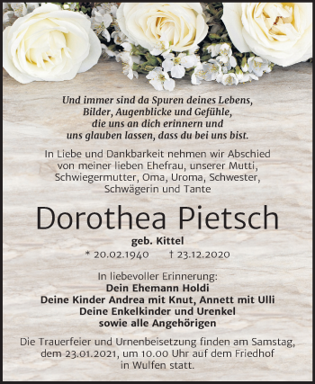 Traueranzeige von Dorothea Pietsch von Mitteldeutsche Zeitung Köthen