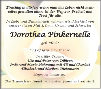 Traueranzeige von Dorothea Pinkernelle von Mitteldeutsche Zeitung Aschersleben