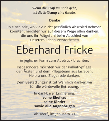 Traueranzeige von Eberhard Fricke von Mitteldeutsche Zeitung Mansfelder Land