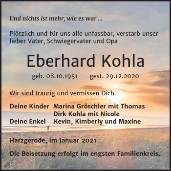 Traueranzeige von Eberhard Kohla von Super Sonntag Quedlinburg