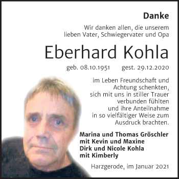 Traueranzeige von Eberhard Kohla von Super Sonntag Quedlinburg