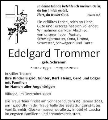 Traueranzeige von Edelgard Trommer von Mitteldeutsche Zeitung Naumburg/Nebra
