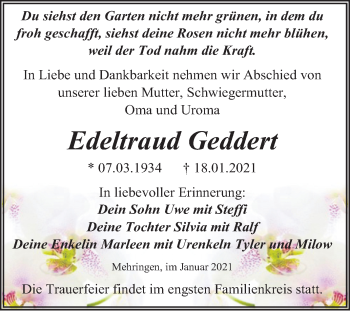 Traueranzeige von Edeltraud Geddert von Super Sonntag Aschersleben