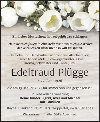 Traueranzeige von Edeltraud Plügge von Mitteldeutsche Zeitung Zeitz