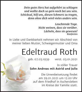 Traueranzeige von Edeltraud Roth von Mitteldeutsche Zeitung Aschersleben / Bernburg