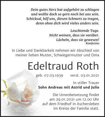 Traueranzeige von Edeltraud Roth von Super Sonntag Aschersleben / Bernburg