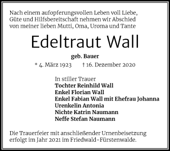 Traueranzeige von Edeltraut Wall von Mitteldeutsche Zeitung Naumburg/Nebra