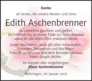 Traueranzeige von Edith Aschenbrenner von Mitteldeutsche Zeitung Aschersleben