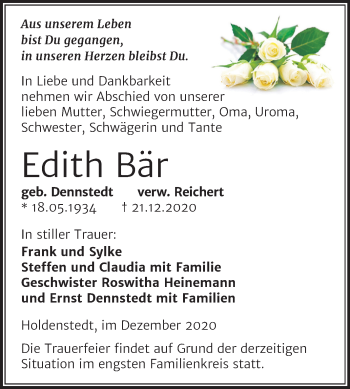 Traueranzeige von Edith Bär von Super Sonntag Sangerhausen