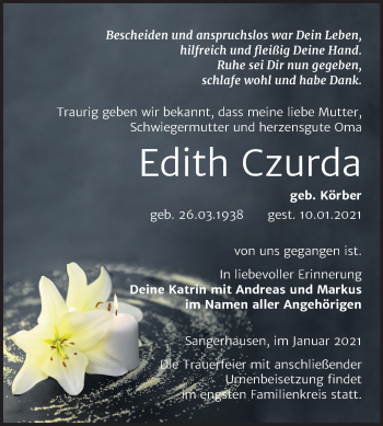 Traueranzeige von Edith Czurda von Super Sonntag Sangerhausen