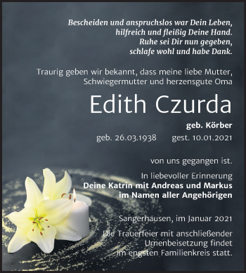 Traueranzeige von Edith Czurda von Mitteldeutsche Zeitung Sangerhausen