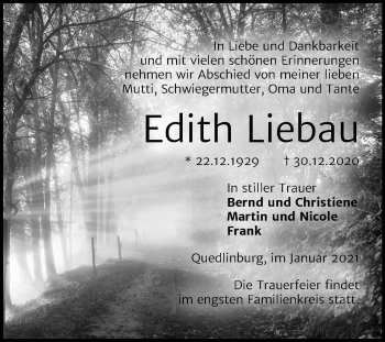 Traueranzeige von Edith Liebau von Mitteldeutsche Zeitung Quedlinburg