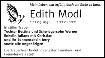 Traueranzeige von Edith Modl von Mitteldeutsche Zeitung Bernburg