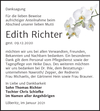 Traueranzeige von Edith Richter von Mitteldeutsche Zeitung Bitterfeld